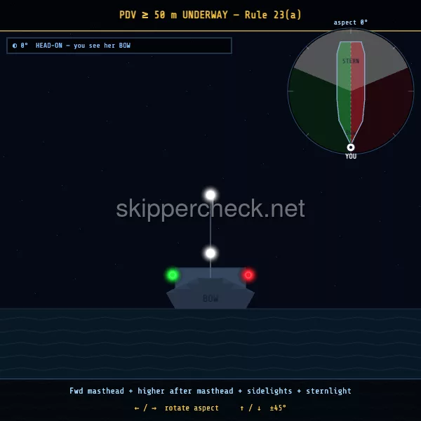 Power-driven vessel under way viewed head-on (bow aspect) — COLREG Rule 23 night-recognition diagram