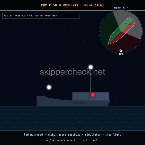 Power-driven vessel under way viewed from her port bow — COLREG Rule 23 night-recognition diagram