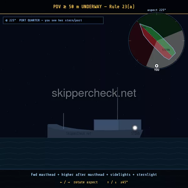 Power-driven vessel under way viewed from her port quarter — COLREG Rule 23 night-recognition diagram