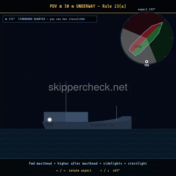 Power-driven vessel under way viewed from her starboard quarter — COLREG Rule 23 night-recognition diagram