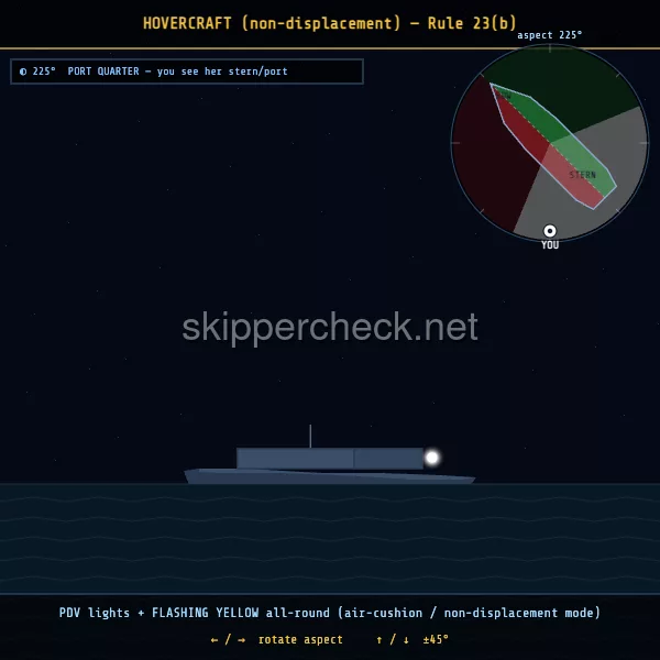Air-cushion vessel (hovercraft) in non-displacement mode viewed from her port quarter — COLREG Rule 23(b) night-recognition diagram