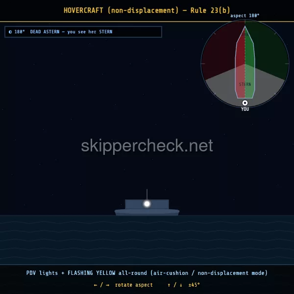 Air-cushion vessel (hovercraft) in non-displacement mode viewed dead astern (stern aspect) — COLREG Rule 23(b) night-recognition diagram