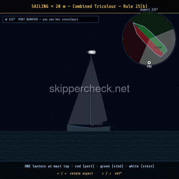 Sailing vessel under 20 m with masthead tricolour viewed from her port quarter — COLREG Rule 25(b) night-recognition diagram
