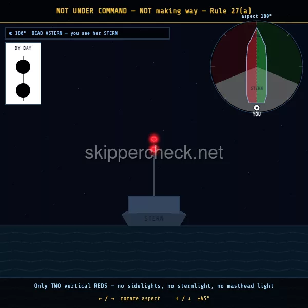 Vessel not under command, not making way viewed dead astern (stern aspect) — COLREG Rule 27(a) night-recognition diagram