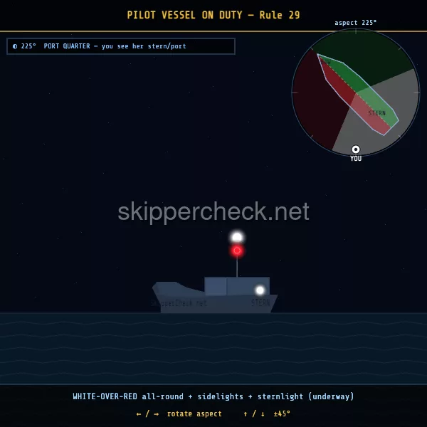 Pilot vessel on duty viewed from her port quarter — COLREG Rule 29 night-recognition diagram