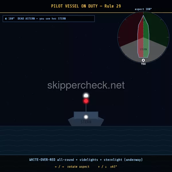 Pilot vessel on duty viewed dead astern (stern aspect) — COLREG Rule 29 night-recognition diagram