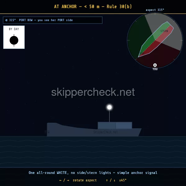 Vessel at anchor (under 50 m — single white forward) viewed from her port bow — COLREG Rule 30(b) night-recognition diagram