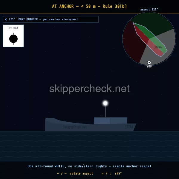 Vessel at anchor (under 50 m — single white forward) viewed from her port quarter — COLREG Rule 30(b) night-recognition diagram