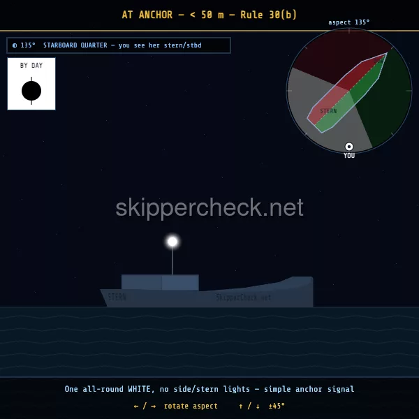 Vessel at anchor (under 50 m — single white forward) viewed from her starboard quarter — COLREG Rule 30(b) night-recognition diagram