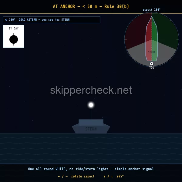 Vessel at anchor (under 50 m — single white forward) viewed dead astern (stern aspect) — COLREG Rule 30(b) night-recognition diagram
