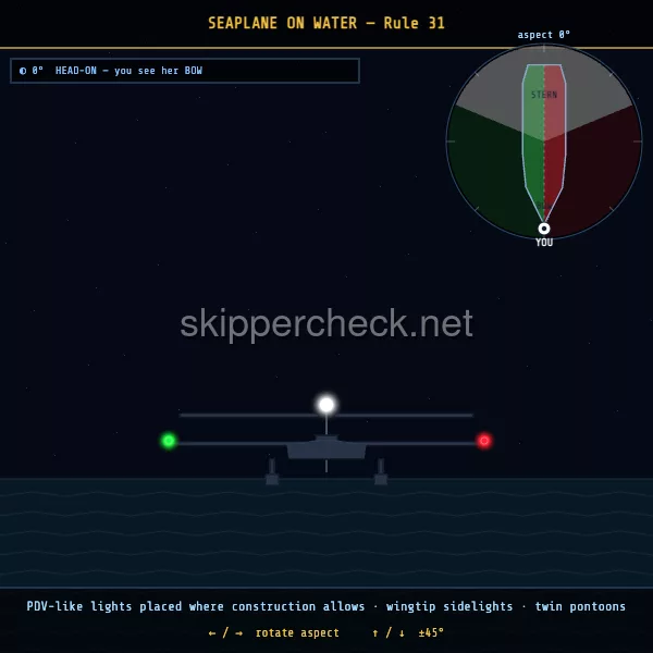 Seaplane on the water viewed head-on (bow aspect) — COLREG Rule 31 night-recognition diagram