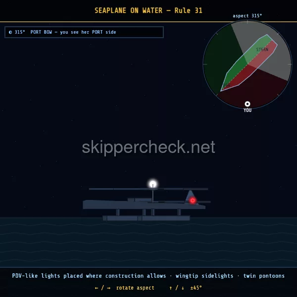 Seaplane on the water viewed from her port bow — COLREG Rule 31 night-recognition diagram