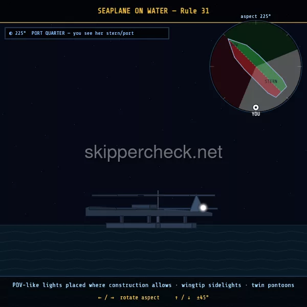 Seaplane on the water viewed from her port quarter — COLREG Rule 31 night-recognition diagram