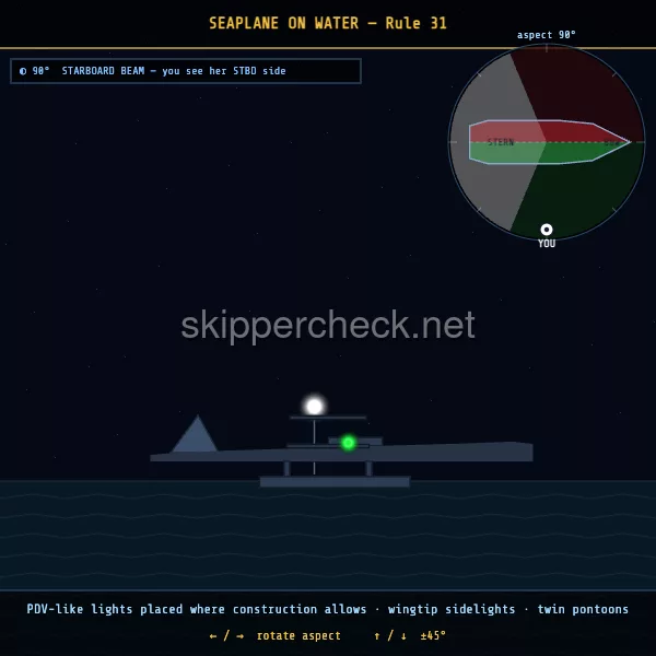 Seaplane on the water viewed from her starboard beam — COLREG Rule 31 night-recognition diagram