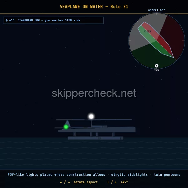 Seaplane on the water viewed from her starboard bow — COLREG Rule 31 night-recognition diagram