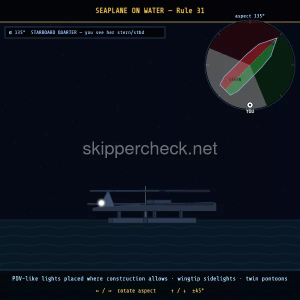 Seaplane on the water viewed from her starboard quarter — COLREG Rule 31 night-recognition diagram