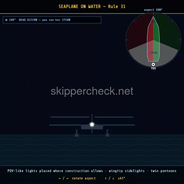 Seaplane on the water viewed dead astern (stern aspect) — COLREG Rule 31 night-recognition diagram