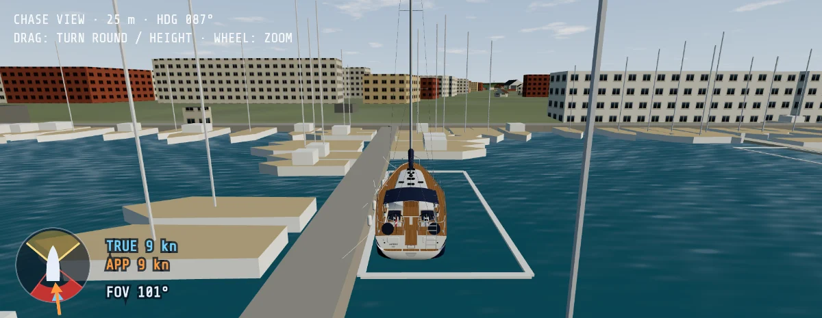 3-D chase view from behind the sailing yacht LATEKO moored at a pontoon in the Andrejosta marina in Riga, with other yachts and the city behind