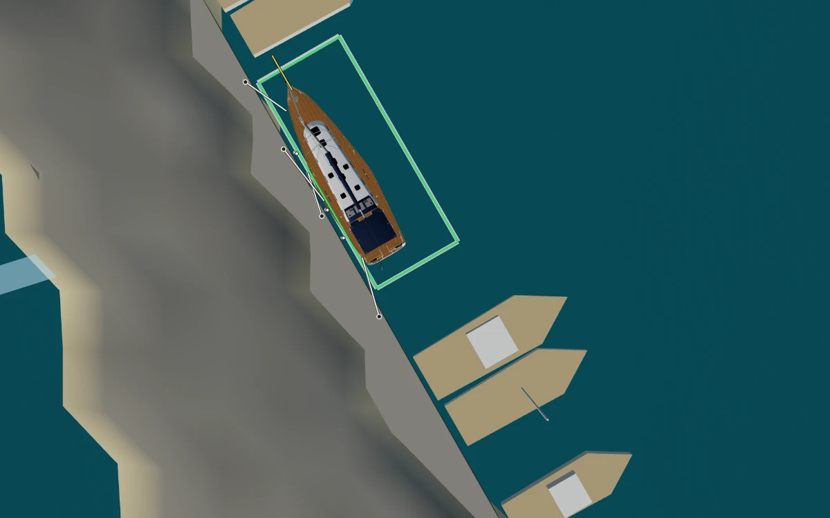 Docking mode, top view: the sailing yacht LATEKO moored in a green-outlined visitor berth in Ruhnu harbour, with bow line, springs and stern line made fast to the quay