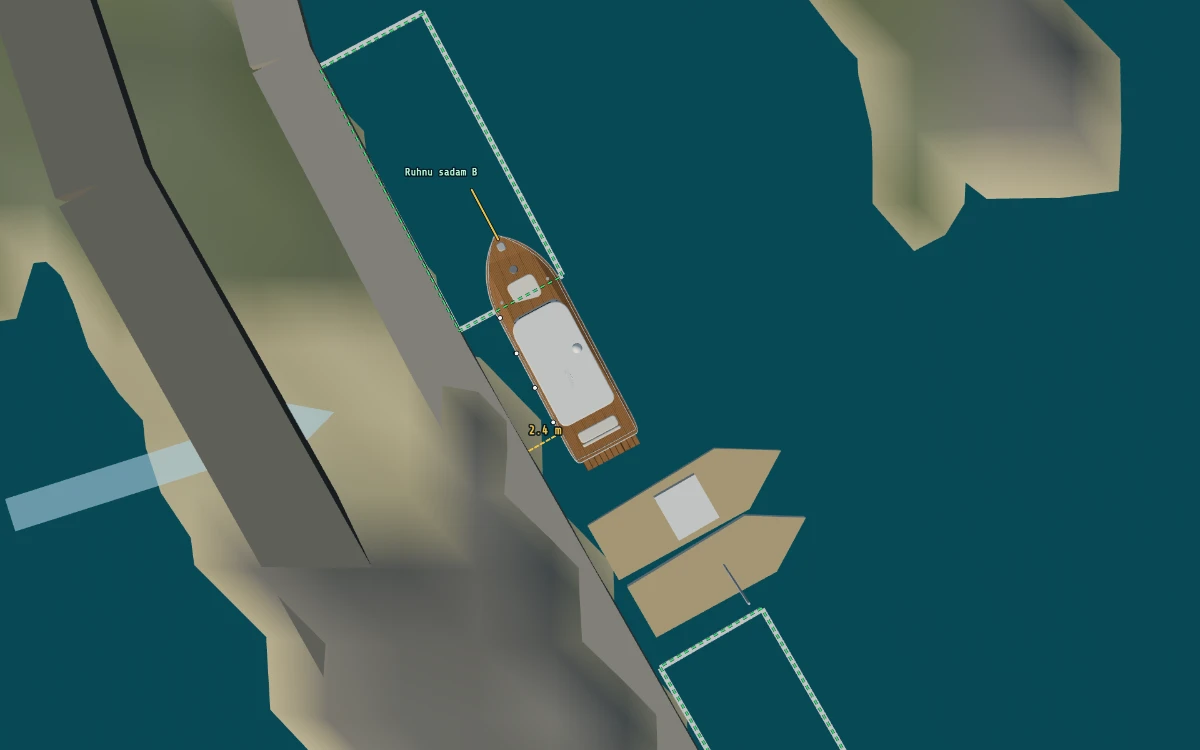 A 15 m motor yacht coming alongside the quay in Ruhnu harbour in docking mode, fenders out on the port side, with a 2.4 m clearance line to the quay and the visitor berth outlined in green