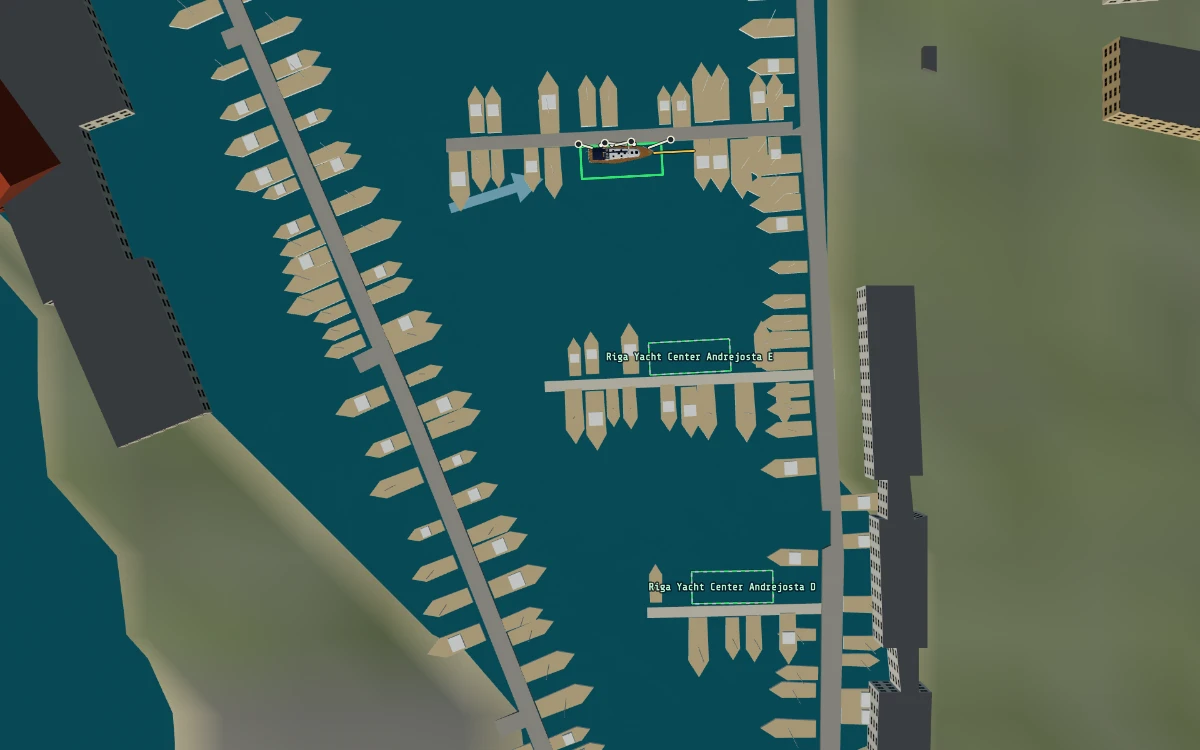 Top view of the Andrejosta marina in Riga in the simulator: pontoons with finger berths, moored yachts, visitor berths outlined in green and LATEKO made fast to a pontoon