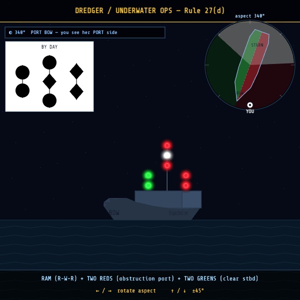 3D ship model at night showing COLREG Rule 26 fishing vessel navigation lights