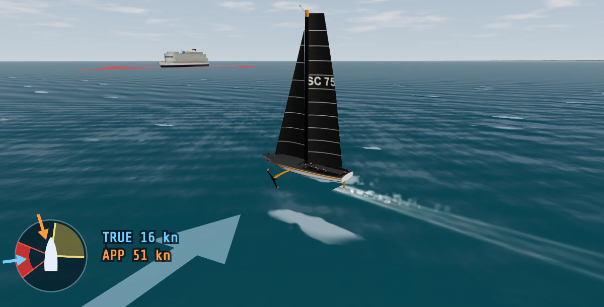 The AC75 foiler flying above the water on her leeward foil at about 50 knots, apparent wind 51 knots, with a cruise ship in the background