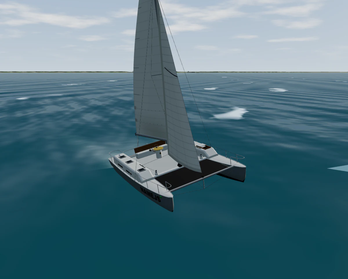 The sailing catamaran Namejs heeled in a strong breeze with her windward hull lifted clear of the water