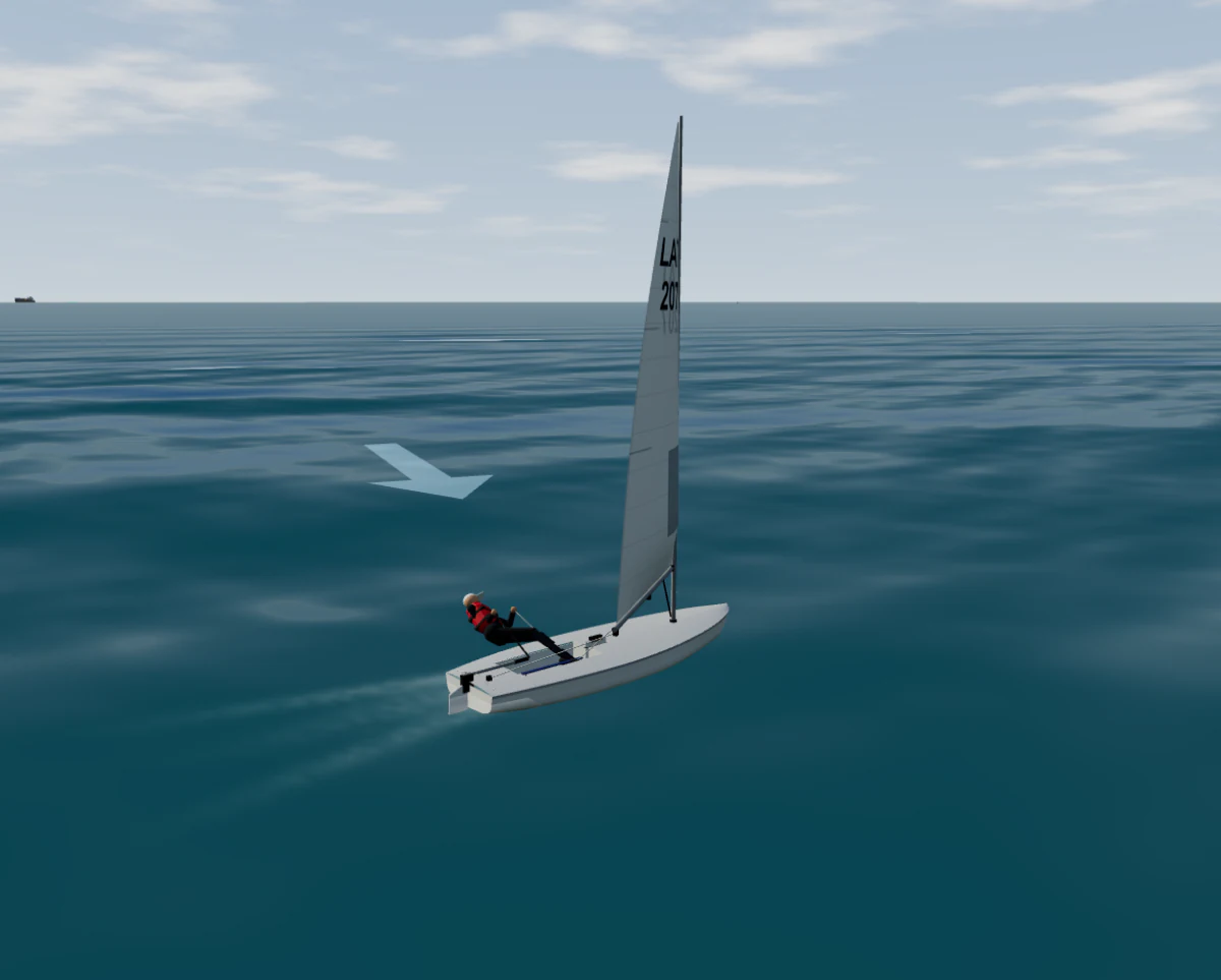 An ILCA 7 (Laser class) dinghy close-reaching with the sailor hiked out on the windward side