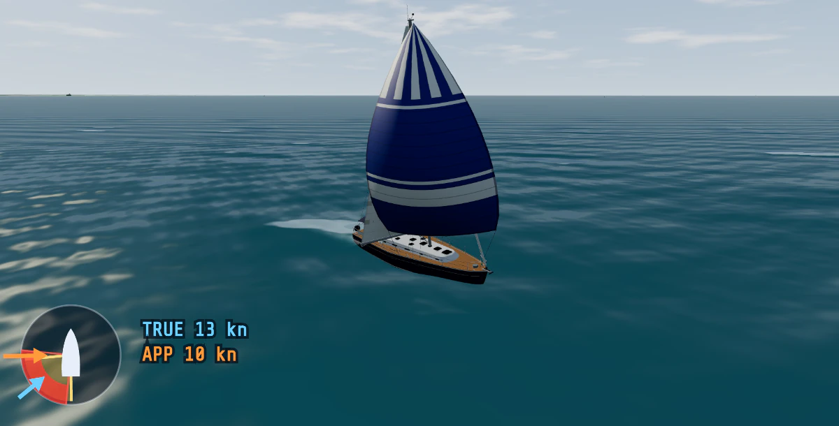 The 15.5 m sailing yacht LATEKO, a Beneteau 50, on a broad reach under a blue and white spinnaker, seen from ahead in the 3-D chase view