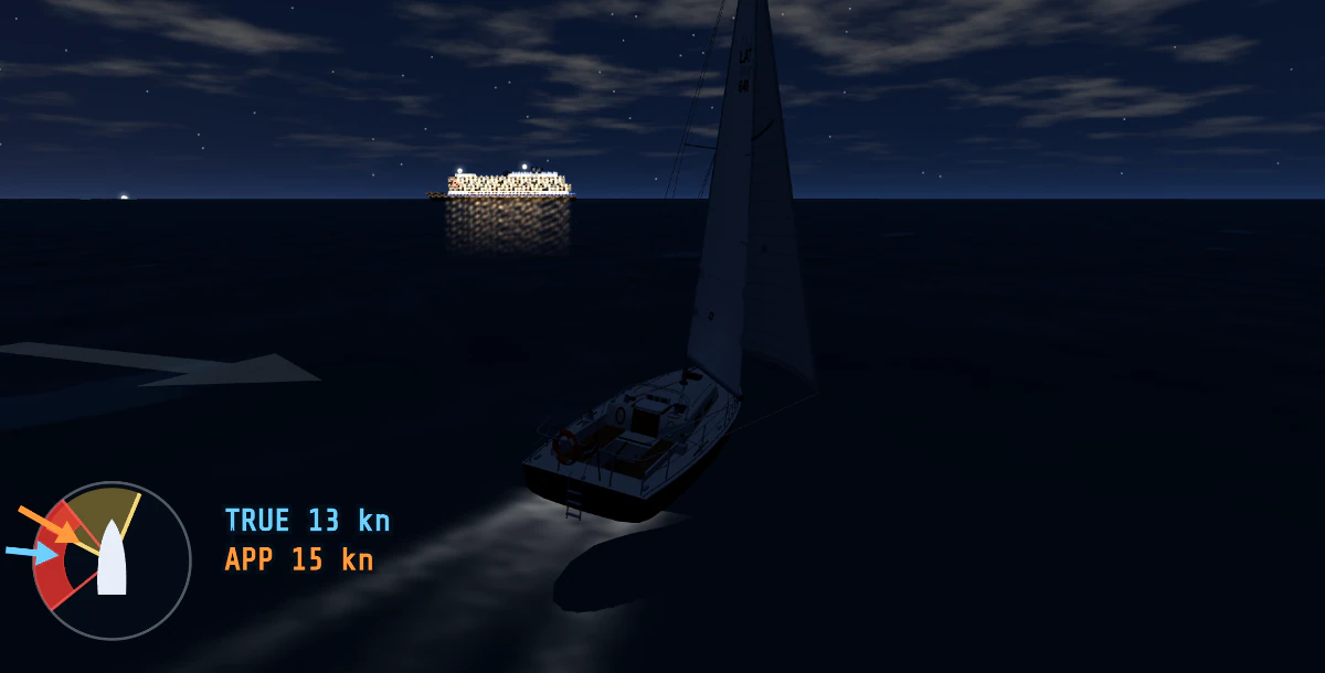 Night view in the sailing simulator: ELEONORA under sail on a dark sea under stars and broken cloud, with a brightly lit cruise ship on the horizon off Riga